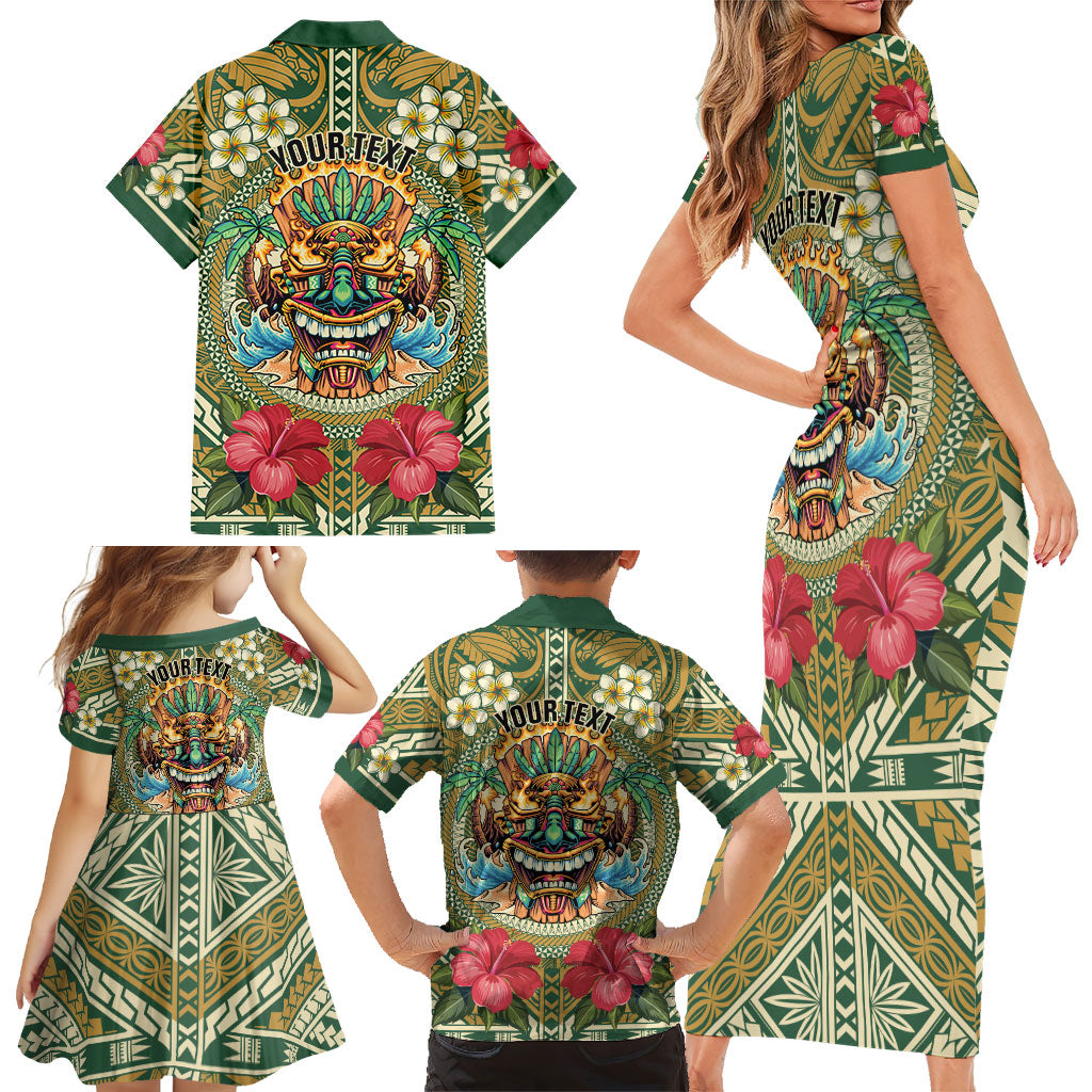 Hawaii Tiki Mask Personalized Family Matching Short Sleeve Bodycon Dress and Hawaiian Shirt Mele Kalikimaka i Iulai!