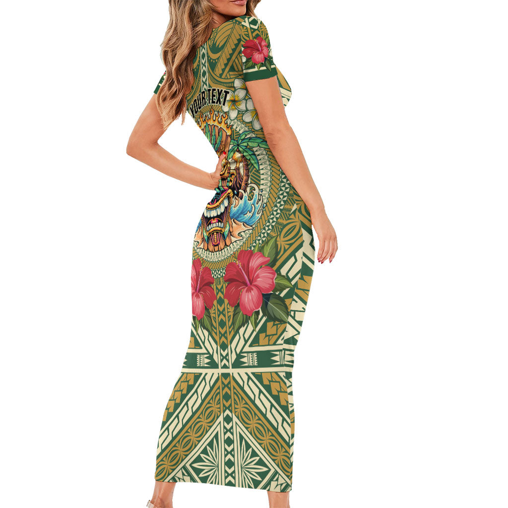 Hawaii Tiki Mask Personalized Family Matching Short Sleeve Bodycon Dress and Hawaiian Shirt Mele Kalikimaka i Iulai!