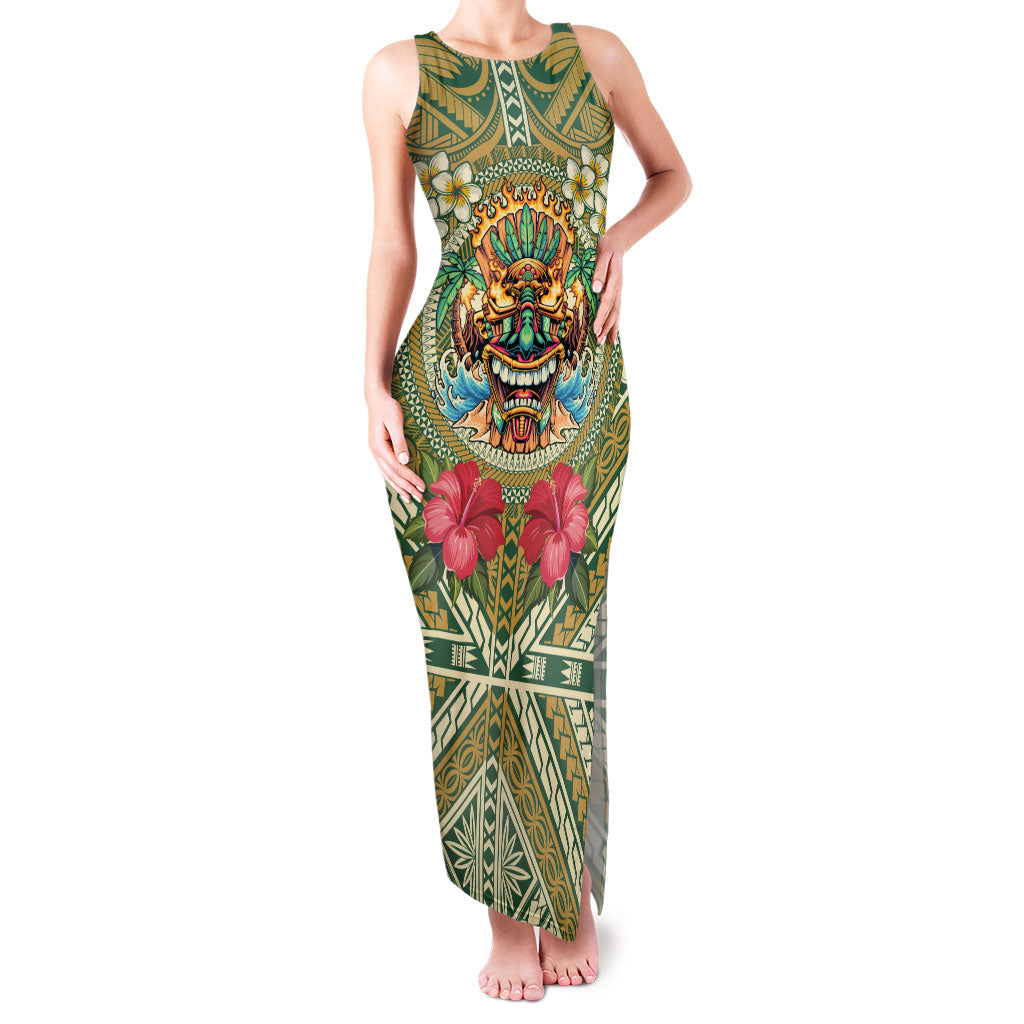 Hawaii Tiki Mask Personalized Family Matching Tank Maxi Dress and Hawaiian Shirt Mele Kalikimaka i Iulai!