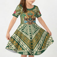 Hawaii Tiki Mask Personalized Kid Short Sleeve Dress Mele Kalikimaka i Iulai! LT9 KID Green - Polynesian Pride