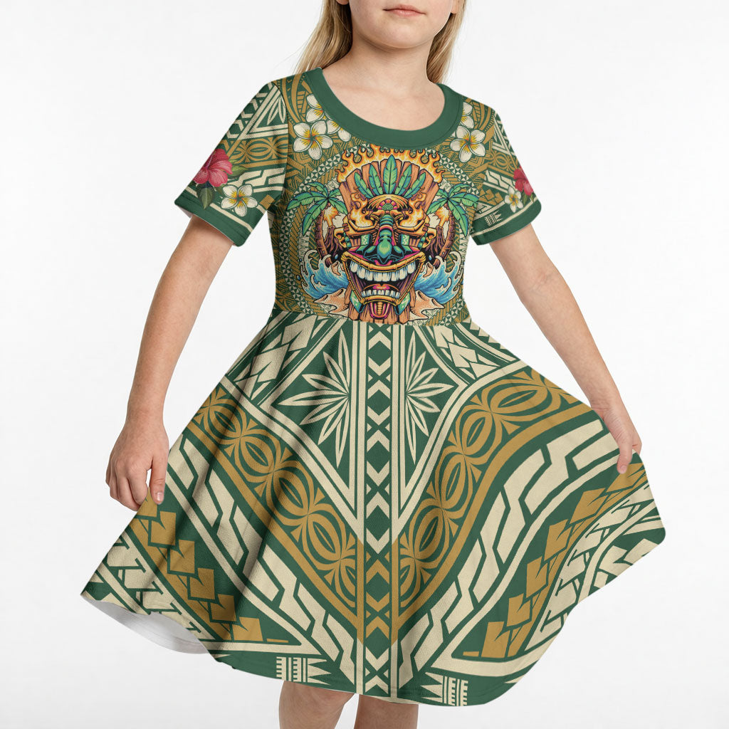 Hawaii Tiki Mask Personalized Kid Short Sleeve Dress Mele Kalikimaka i Iulai! LT9 - Polynesian Pride