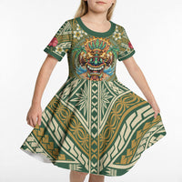 Hawaii Tiki Mask Personalized Kid Short Sleeve Dress Mele Kalikimaka i Iulai! LT9 - Polynesian Pride