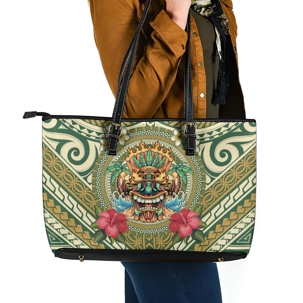 Hawaii Tiki Mask Leather Tote Bag Mele Kalikimaka i Iulai!