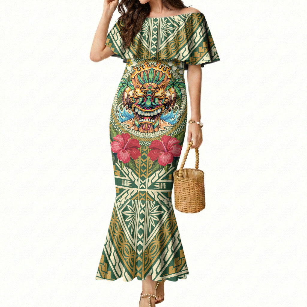 Hawaii Tiki Mask Personalized Mermaid Dress Mele Kalikimaka i Iulai! LT9 Women Green - Polynesian Pride