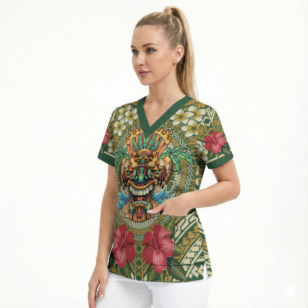 Hawaii Tiki Mask Personalized Scrub Top Mele Kalikimaka i Iulai!