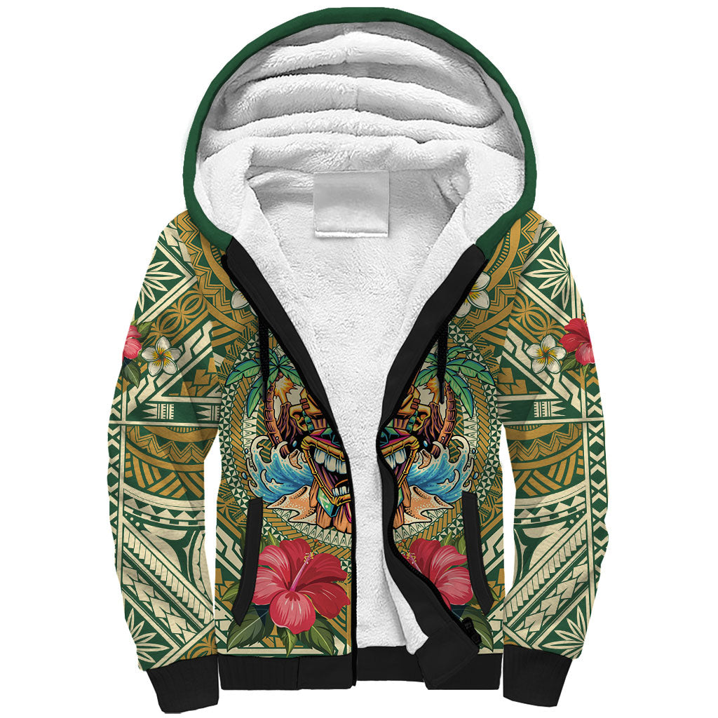 Hawaii Tiki Mask Personalized Sherpa Hoodie Mele Kalikimaka i Iulai! LT9 Unisex Green - Polynesian Pride