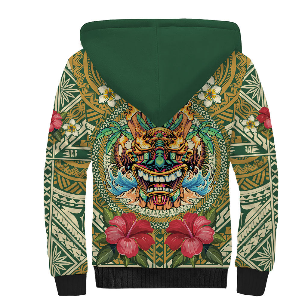 Hawaii Tiki Mask Personalized Sherpa Hoodie Mele Kalikimaka i Iulai! LT9 - Polynesian Pride