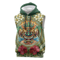 Hawaii Tiki Mask Personalized Sleeveless Hoodie Mele Kalikimaka i Iulai! LT9 Green - Polynesian Pride