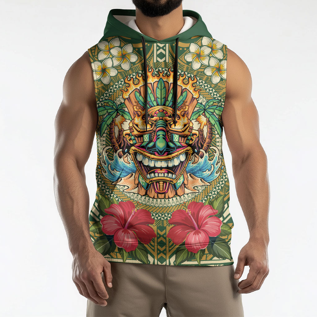 Hawaii Tiki Mask Personalized Sleeveless Hoodie Mele Kalikimaka i Iulai! LT9 - Polynesian Pride