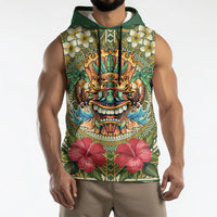Hawaii Tiki Mask Personalized Sleeveless Hoodie Mele Kalikimaka i Iulai! LT9 - Polynesian Pride