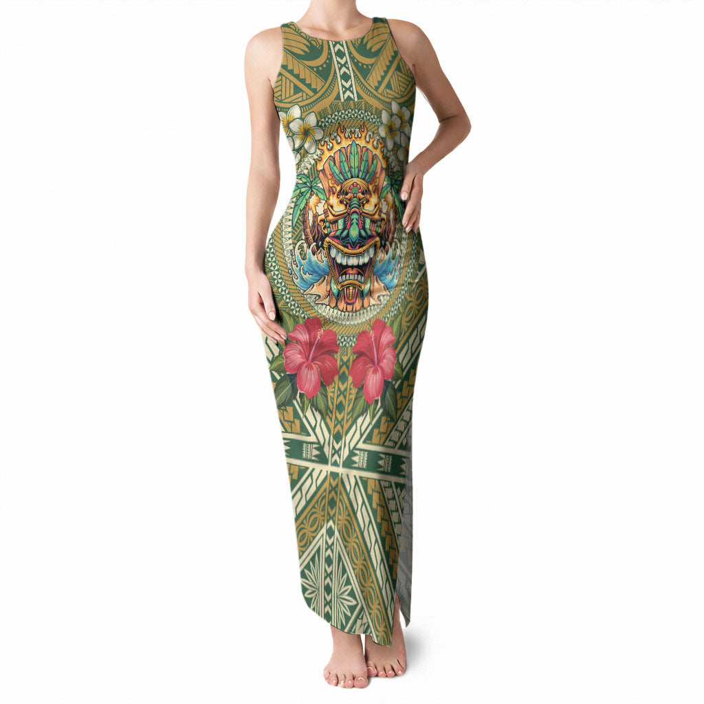 Hawaii Tiki Mask Personalized Tank Maxi Dress Mele Kalikimaka i Iulai! LT9 Women Green - Polynesian Pride