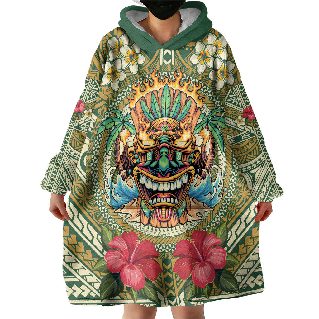Hawaii Tiki Mask Personalized Wearable Blanket Hoodie Mele Kalikimaka i Iulai!