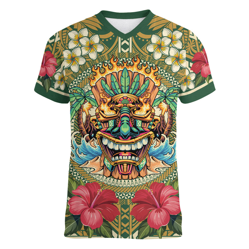 Hawaii Tiki Mask Personalized Women V-Neck T-Shirt Mele Kalikimaka i Iulai! LT9 Female Green - Polynesian Pride
