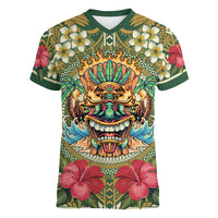 Hawaii Tiki Mask Personalized Women V-Neck T-Shirt Mele Kalikimaka i Iulai! LT9 Female Green - Polynesian Pride
