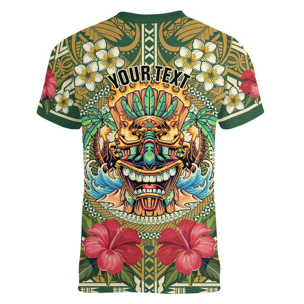 Hawaii Tiki Mask Personalized Women V-Neck T-Shirt Mele Kalikimaka i Iulai! LT9 - Polynesian Pride