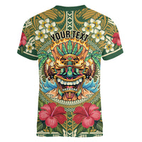 Hawaii Tiki Mask Personalized Women V-Neck T-Shirt Mele Kalikimaka i Iulai! LT9 - Polynesian Pride