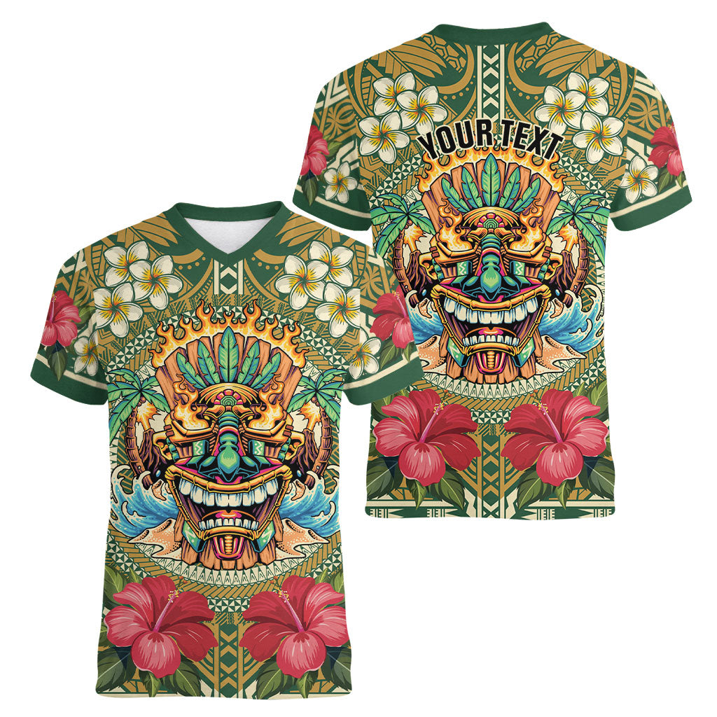 Hawaii Tiki Mask Personalized Women V-Neck T-Shirt Mele Kalikimaka i Iulai! LT9 - Polynesian Pride