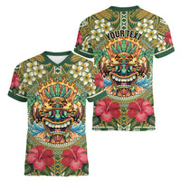Hawaii Tiki Mask Personalized Women V-Neck T-Shirt Mele Kalikimaka i Iulai! LT9 - Polynesian Pride