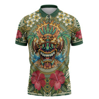 Hawaii Tiki Mask Personalized Zipper Polo Shirt Mele Kalikimaka i Iulai! LT9 Green - Polynesian Pride