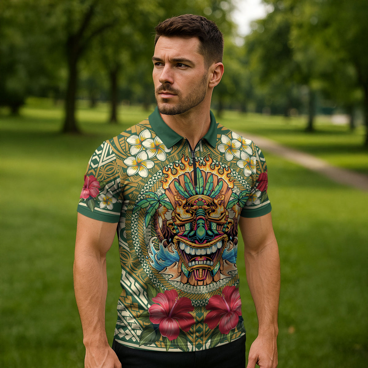 Hawaii Tiki Mask Personalized Zipper Polo Shirt Mele Kalikimaka i Iulai! LT9 - Polynesian Pride