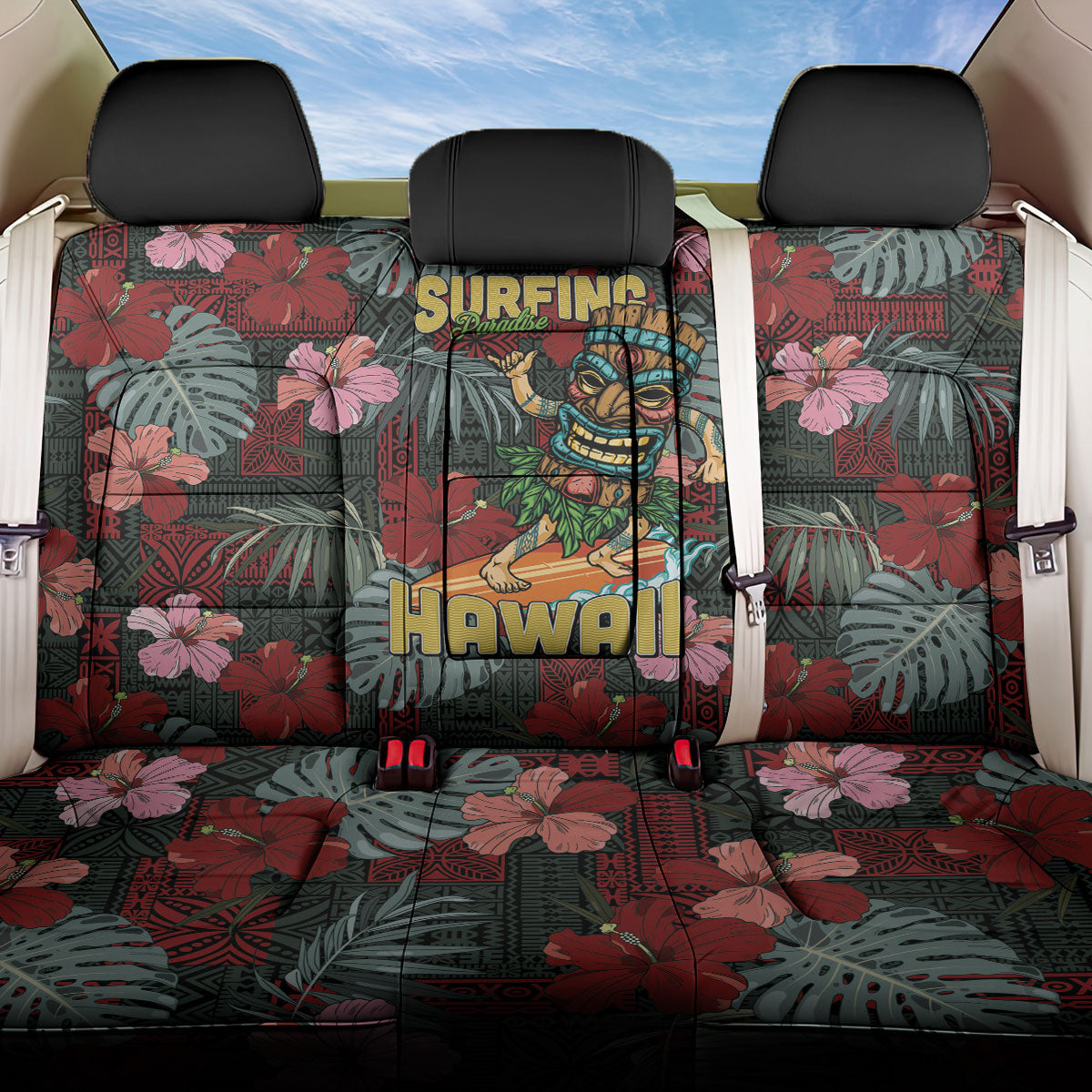 Hawaii Tiki Surfing Back Car Seat Cover Mele Kalikimaka i Iulai! LT9 One Size Black - Polynesian Pride