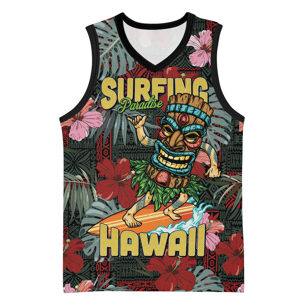 Hawaii Tiki Surfing Basketball Jersey Mele Kalikimaka i Iulai! LT9 Unisex Black - Polynesian Pride
