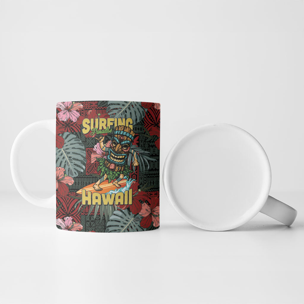 Hawaii Tiki Surfing Ceramic Mug Mele Kalikimaka i Iulai!