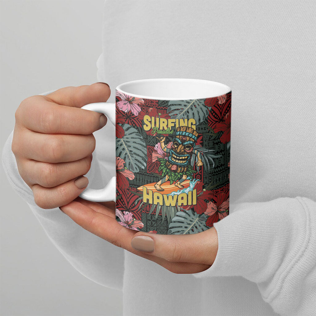 Hawaii Tiki Surfing Ceramic Mug Mele Kalikimaka i Iulai!