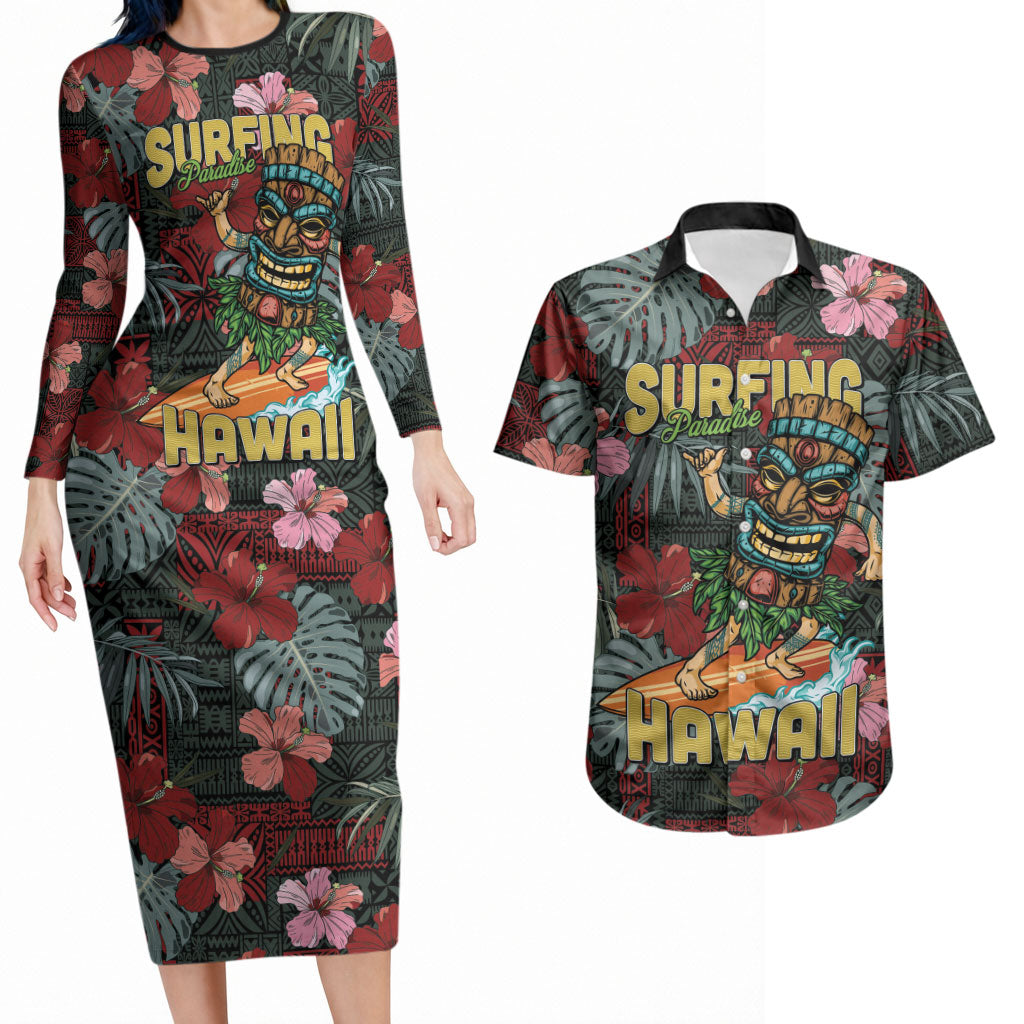 Hawaii Tiki Surfing Couples Matching Long Sleeve Bodycon Dress and Hawaiian Shirt Mele Kalikimaka i Iulai! LT9 Black - Polynesian Pride