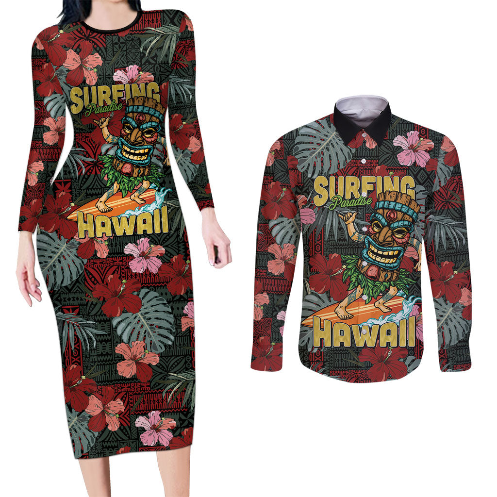 Hawaii Tiki Surfing Couples Matching Long Sleeve Bodycon Dress and Long Sleeve Button Shirt Mele Kalikimaka i Iulai!