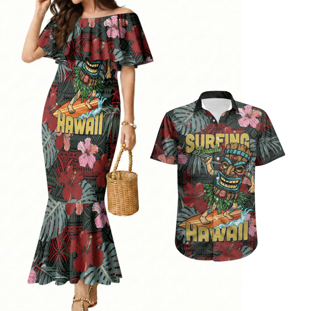 Hawaii Tiki Surfing Couples Matching Mermaid Dress and Hawaiian Shirt Mele Kalikimaka i Iulai! LT9 Black - Polynesian Pride