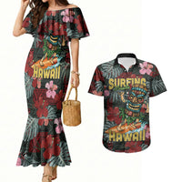 Hawaii Tiki Surfing Couples Matching Mermaid Dress and Hawaiian Shirt Mele Kalikimaka i Iulai! LT9 Black - Polynesian Pride
