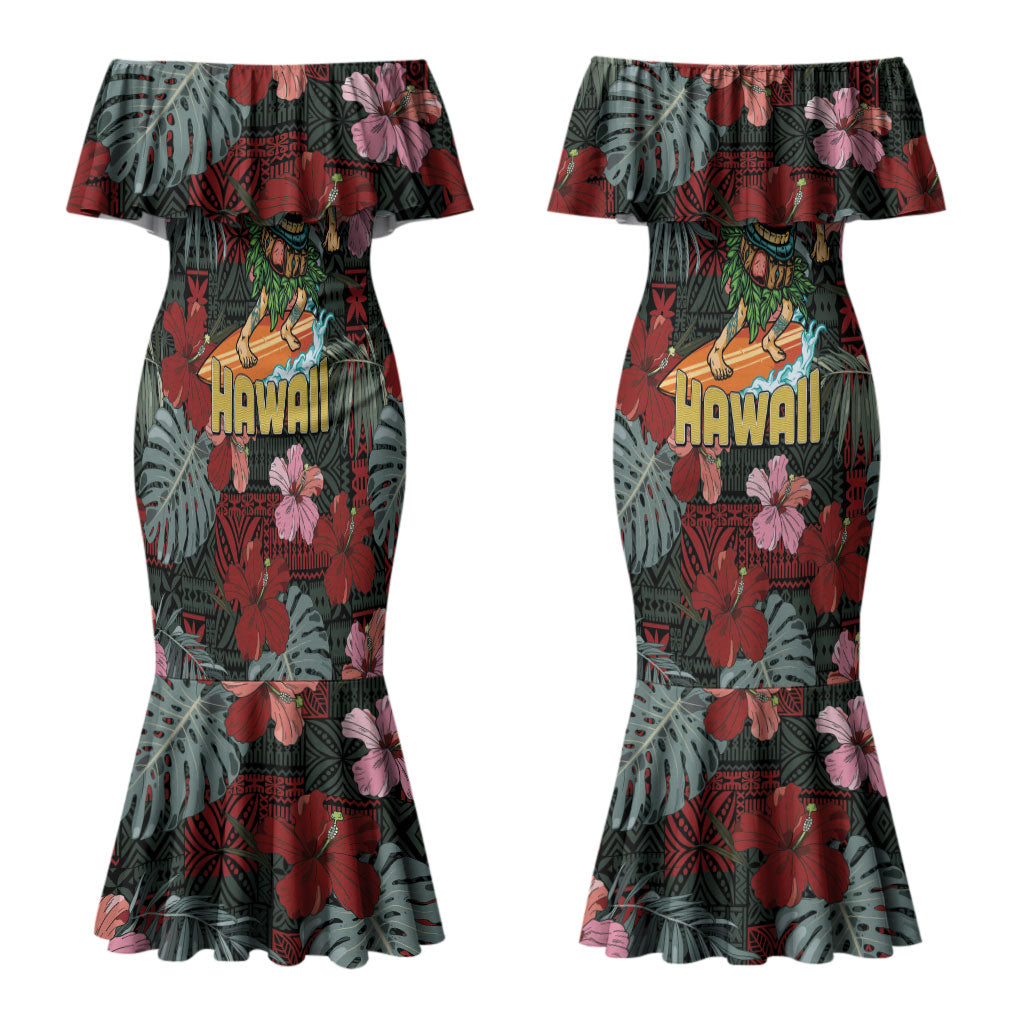 Hawaii Tiki Surfing Couples Matching Mermaid Dress and Hawaiian Shirt Mele Kalikimaka i Iulai! LT9 - Polynesian Pride
