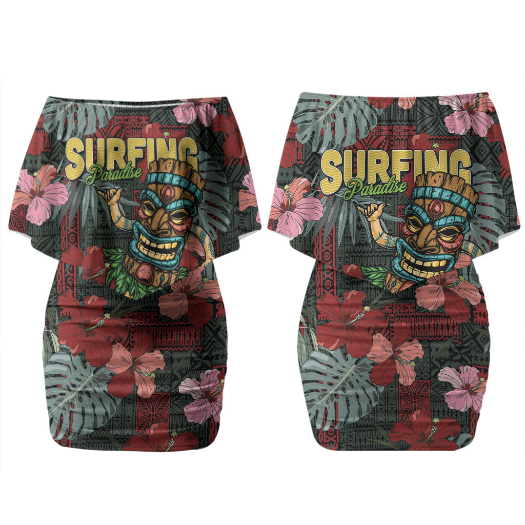 Hawaii Tiki Surfing Couples Matching Off Shoulder Short Dress and Long Sleeve Button Shirt Mele Kalikimaka i Iulai! LT9 - Polynesian Pride