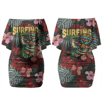 Hawaii Tiki Surfing Couples Matching Off Shoulder Short Dress and Long Sleeve Button Shirt Mele Kalikimaka i Iulai! LT9 - Polynesian Pride