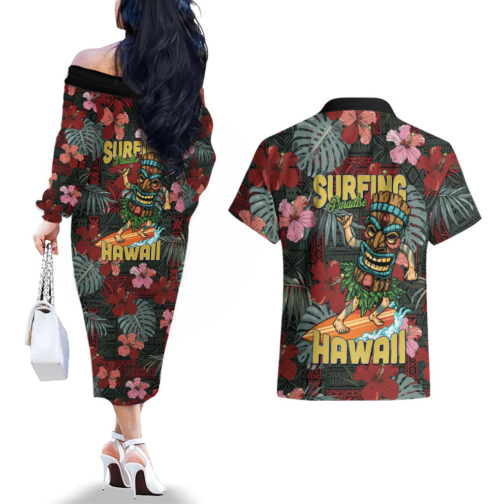Hawaii Tiki Surfing Couples Matching Off The Shoulder Long Sleeve Dress and Hawaiian Shirt Mele Kalikimaka i Iulai!