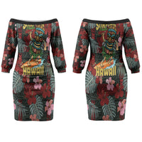 Hawaii Tiki Surfing Couples Matching Off The Shoulder Long Sleeve Dress and Hawaiian Shirt Mele Kalikimaka i Iulai! LT9 - Polynesian Pride