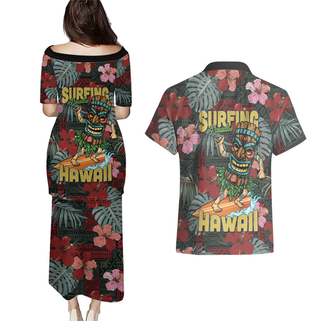 Hawaii Tiki Surfing Couples Matching Puletasi and Hawaiian Shirt Mele Kalikimaka i Iulai!