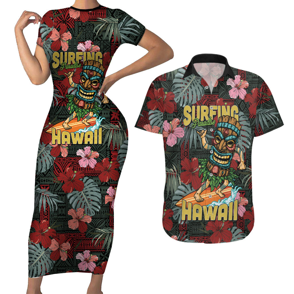 Hawaii Tiki Surfing Couples Matching Short Sleeve Bodycon Dress and Hawaiian Shirt Mele Kalikimaka i Iulai!