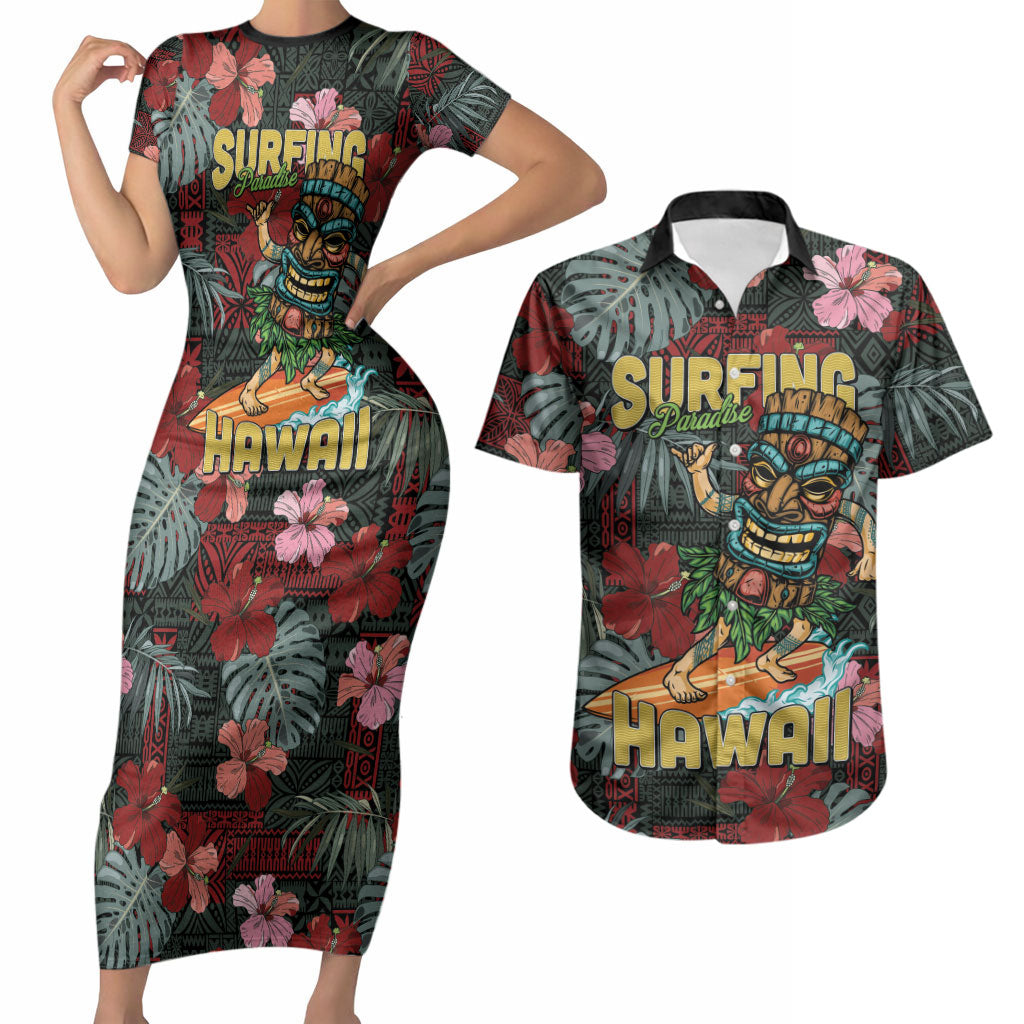 Hawaii Tiki Surfing Couples Matching Short Sleeve Bodycon Dress and Hawaiian Shirt Mele Kalikimaka i Iulai! LT9 Black - Polynesian Pride