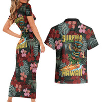 Hawaii Tiki Surfing Couples Matching Short Sleeve Bodycon Dress and Hawaiian Shirt Mele Kalikimaka i Iulai!