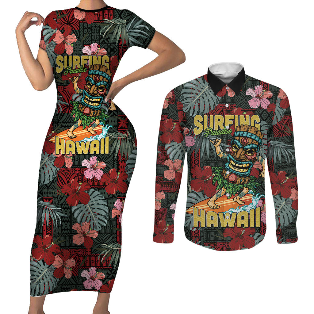 Hawaii Tiki Surfing Couples Matching Short Sleeve Bodycon Dress and Long Sleeve Button Shirt Mele Kalikimaka i Iulai!