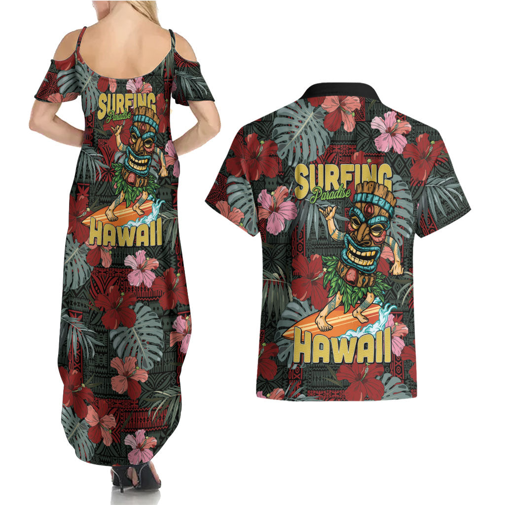 Hawaii Tiki Surfing Couples Matching Summer Maxi Dress and Hawaiian Shirt Mele Kalikimaka i Iulai!