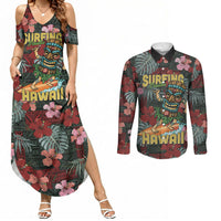 Hawaii Tiki Surfing Couples Matching Summer Maxi Dress and Long Sleeve Button Shirt Mele Kalikimaka i Iulai! LT9 Black - Polynesian Pride