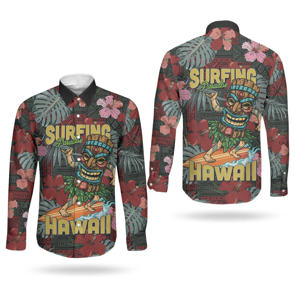 Hawaii Tiki Surfing Couples Matching Summer Maxi Dress and Long Sleeve Button Shirt Mele Kalikimaka i Iulai! LT9 - Polynesian Pride
