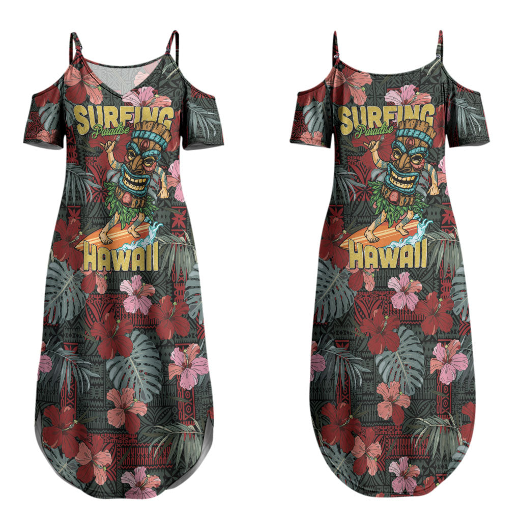 Hawaii Tiki Surfing Couples Matching Summer Maxi Dress and Long Sleeve Button Shirt Mele Kalikimaka i Iulai! LT9 - Polynesian Pride