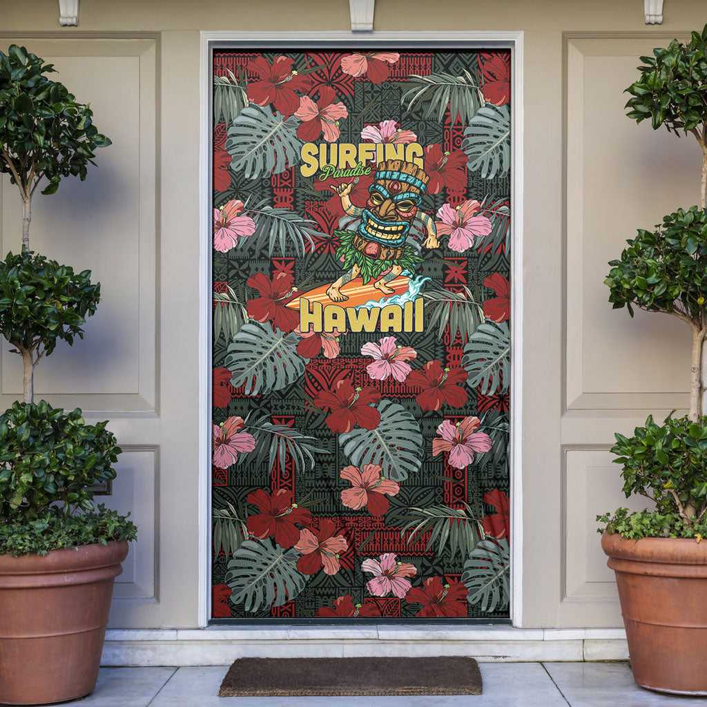 Hawaii Tiki Surfing Door Cover Mele Kalikimaka i Iulai! LT9 Black - Polynesian Pride
