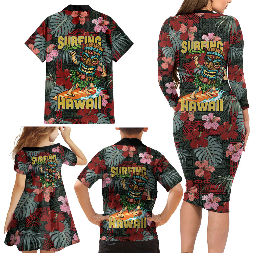 Hawaii Tiki Surfing Family Matching Long Sleeve Bodycon Dress and Hawaiian Shirt Mele Kalikimaka i Iulai!