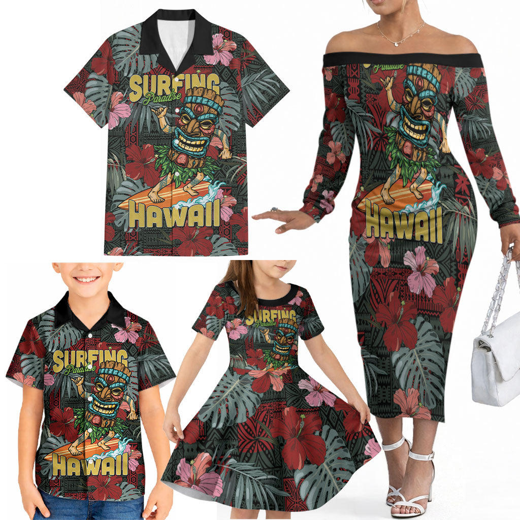 Hawaii Tiki Surfing Family Matching Off The Shoulder Long Sleeve Dress and Hawaiian Shirt Mele Kalikimaka i Iulai! LT9 - Polynesian Pride