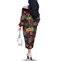 Hawaii Tiki Surfing Family Matching Off The Shoulder Long Sleeve Dress and Hawaiian Shirt Mele Kalikimaka i Iulai!